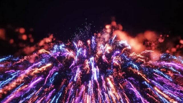 Abstract colorful glowing light streaks explode on dark background