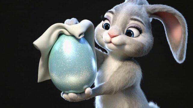 Computer-generated Easter bunny holding a shiny blue egg with a cloth draped over it against a black background.