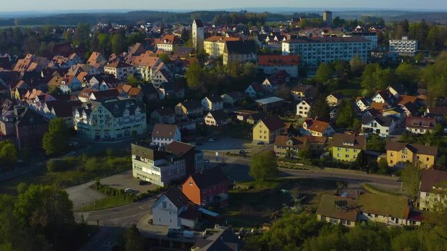 Aerial view of the city and old town in Pfullendorf in south Germany on a sunny afternoon in Spring 