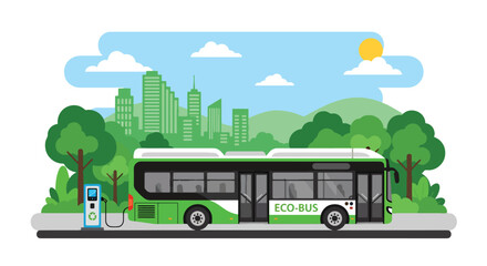 Modern vector illustration of eco friendly public transportation bus in green city promoting sustainable mobility and reduced carbon emissions © Amie
