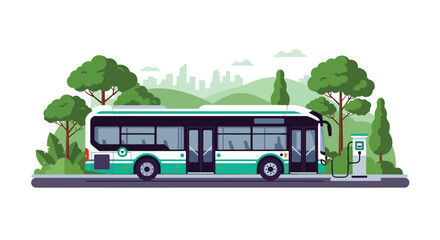 Modern vector illustration of eco friendly public transportation bus in green city promoting sustainable mobility and reduced carbon emissions © Amie