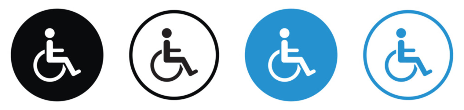 Minimalist round wheelchair accessibility icons in black and blue. Circular handicapped symbols for public signage, disabled parking, and inclusive design. Clean flat vector graphics.