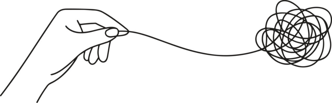 A hand carefully pulls a tangled knot of string, symbolizing problem-solving.