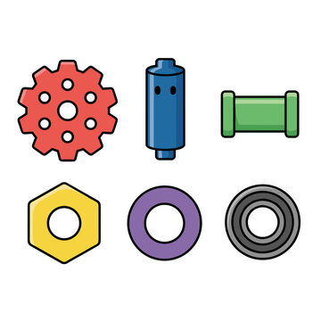 Industrial mechanical parts icons set showing gear, cylinder, pipe, hexagonal nut, washer, and ball bearing in a bold MBE vector style with thick outlines.
