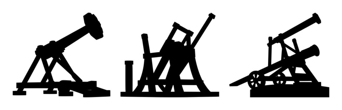 Trebuchet set with solid black silhouette on white background featuring historical warfare, medieval engineering, siege weapons with flat 2D vector and illustration