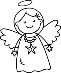 Naklejka premium Doodle Angel with Star Necklace and Halo Simple Line Art Festive Illustration