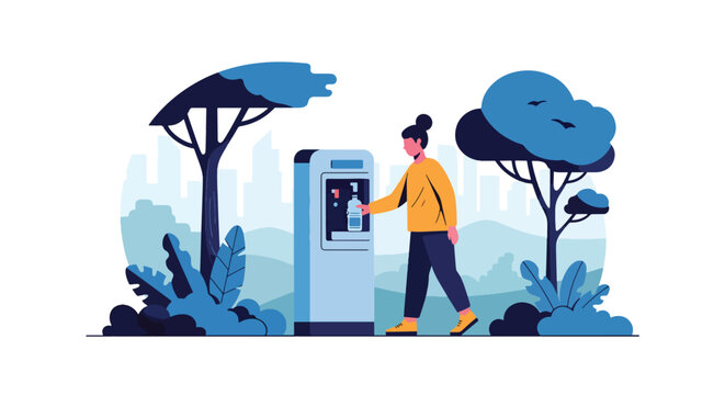 Modern vector illustration of person using reusable water bottle in park promoting plastic reduction and eco friendly lifestyle