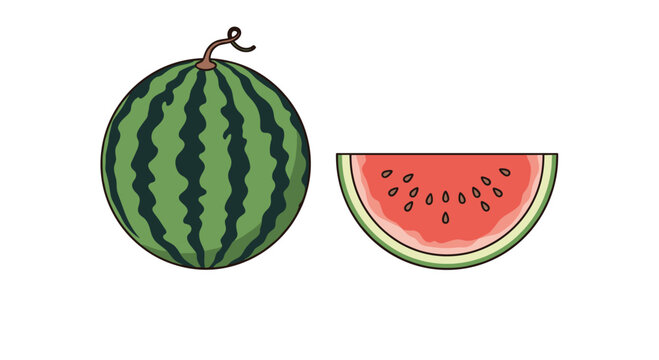 Whole green striped watermelon and a juicy red slice with seeds isolated on a clean white background for design.