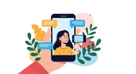 Fototapeta premium Hand holding a smartphone with a young woman on a video call screen surrounded by colorful speech bubbles and leaves.