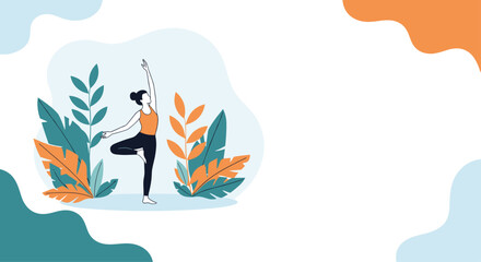 Obraz premium Woman practicing the yoga tree pose in a peaceful setting with large colorful tropical leaves for mental well-being.