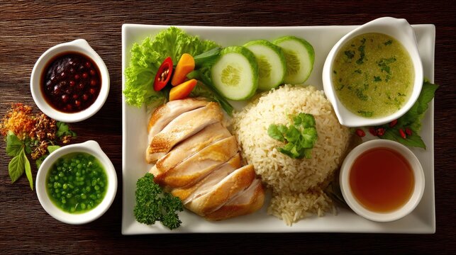 Delicious and Colorful Chicken Rice Plate with Fresh Vegetables and Sauces on a Wooden Surface for Culinary Delight and Gourmet Presentation