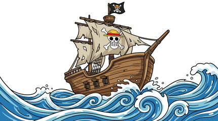 A cartoon pirate ship with tattered sails navigates through rough, blue ocean waves under a white sky. © Safiatuddin