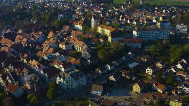 Aerial view of the city and old town in Pfullendorf in south Germany on a sunny afternoon in Spring 