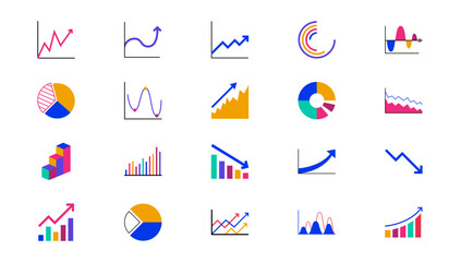 Business graphs icons depicting charts, analytics, statistics, growth trends, financial reports, dashboards, data visualization, performance, strategy, monitoring, and insights.
