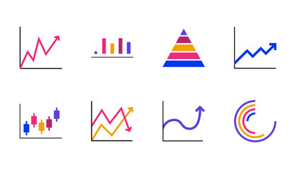 Business graphs icons depicting charts, analytics, statistics, growth trends, financial reports, dashboards, data visualization, performance, strategy, monitoring, and insights.
