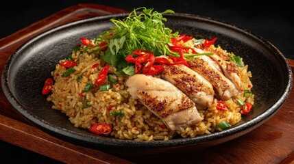 Fototapeta premium Delicious Plate of Flavorful Fried Rice with Grilled Chicken, Fresh Herbs, and Red Chili on a Dark Background for Culinary Experiences