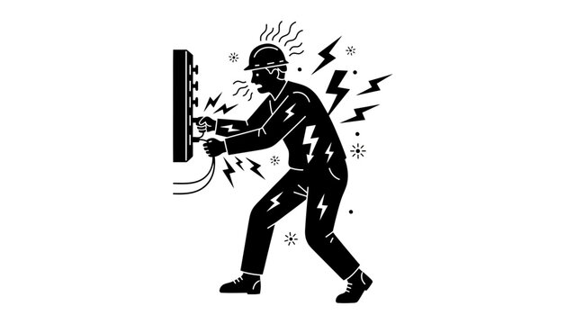 Electrician worker getting shocked by electricity while fixing a panel