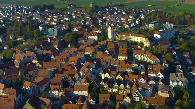 Aerial view of the city and old town in Pfullendorf in south Germany on a sunny afternoon in Spring 