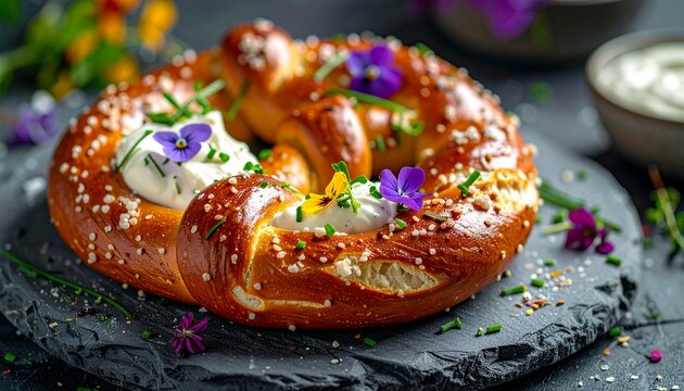 Brezel mit Obazda und essbaren Bl&uuml;ten