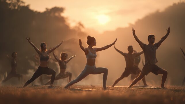 People practicing yoga warrior series in misty park at sunrise