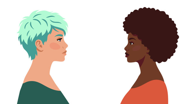 Multicultural women portraits in profile. Diverse female characters with different hairstyles and skin tones. Women diversity and representation concept. Modern flat vector illustration.