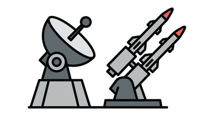 Fototapeta premium Illustration of a radar dish and two missiles depicted in a flat graphic style