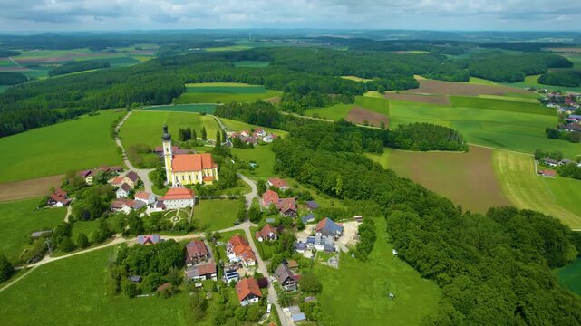 Aerial view of the church Wallfahrtskirche Heilige Dreifaltigkeit &ndash; Eichlberg (Hemau) in Germany, Bavaria on a sunny day day in Spring