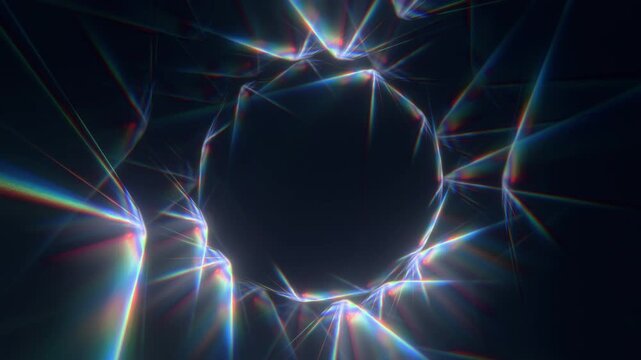 Abstract ray prism light refraction background rainbow colors dark backdrop. Dynamic light leaks crystal dispersion texture. Ideal video overlay motion graphics artistic wallpaper.