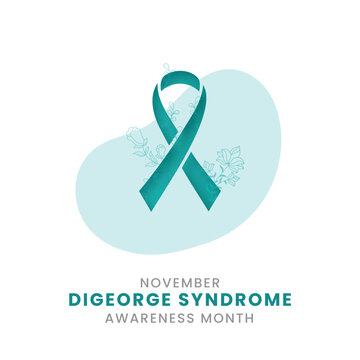 Awareness graphic for Digeorge Syndrome (22q11.2 deletion) in November featuring a cyan ribbon, silver shield, and floral line art variants for medical advocacy and education.