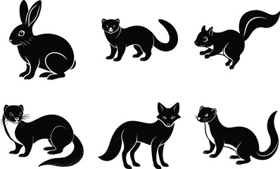 Black silhouettes of rabbit cat and squirrel with other felines
