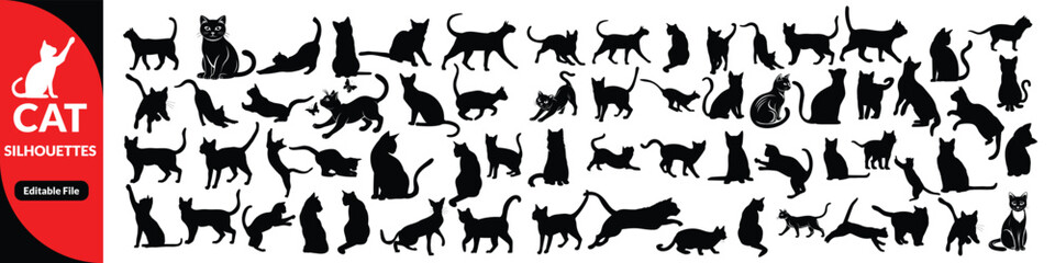 Black cat silhouettes vector illustration, diverse feline poses artwork, decorative animal icons, playful pet design elements, artistic nature inspired graphics, creative feline motif © iconpower