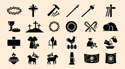 Black silhouettes of various Christian symbols and objects on beige background  religious icons and imagery © Be Creative
