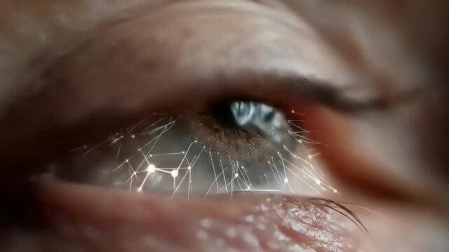 Human eye close-up with digital connection lines and glowing dots, conveying the fusion of biology and technology