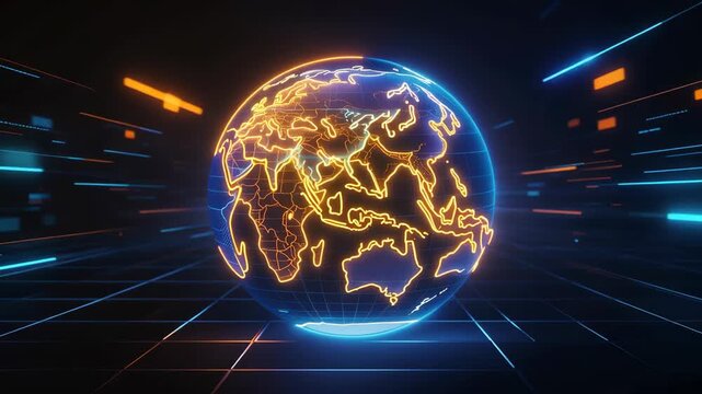 Futuristic digital globe with glowing continents and fast motion light trails representing global technology and connectivity