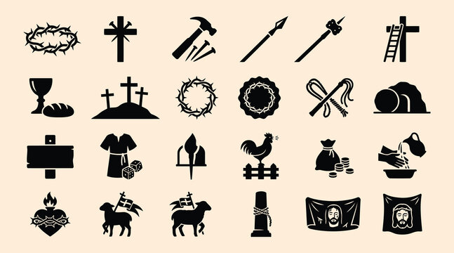 Black silhouettes of various Christian symbols and objects on beige background  religious icons and imagery