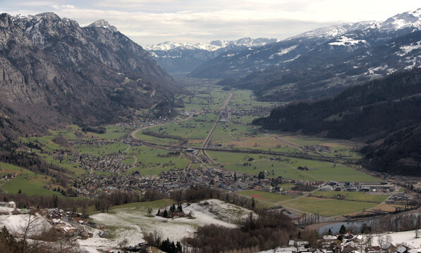 View into the Seez valley from Walenstadtberg, Swiss Alps	￼