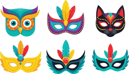 Naklejka premium Children carnival mask. Abstract festival masks, animals faces, carnival mask collection, animal carnival mask set vector illustration