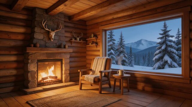 Cozy log cabin interior with roaring fireplace and snowy mountain view through large window