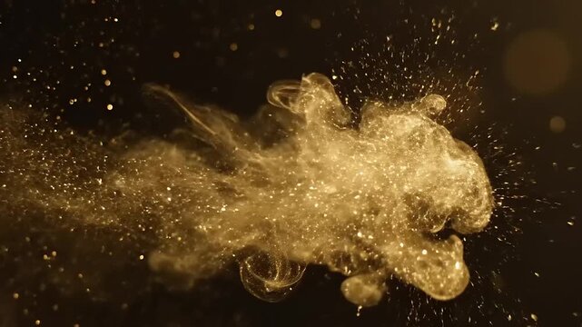 Golden glitter particles exploding on dark abstract background