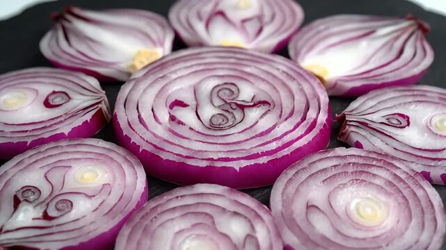 Close up of freshly cut red onions slices arranged on dark surface