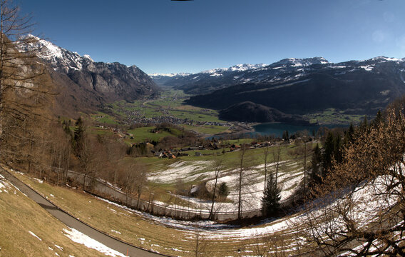 View into the Seez valley from Walenstadtberg, Swiss Alps	￼