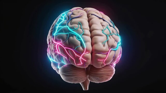Detailed 3D illustration of human brain with glowing neural pathways and blood vessels on dark background