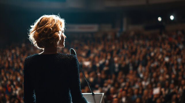 Woman speaker public speech business conference leadership talk large audience motivation seminar stage corporate event professional woman keynote address Confident woman speaker delivering public