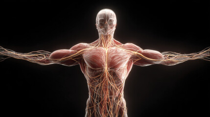 Obraz premium Human muscular system anatomy nerve network torso arms outstretched medical illustration human body detail