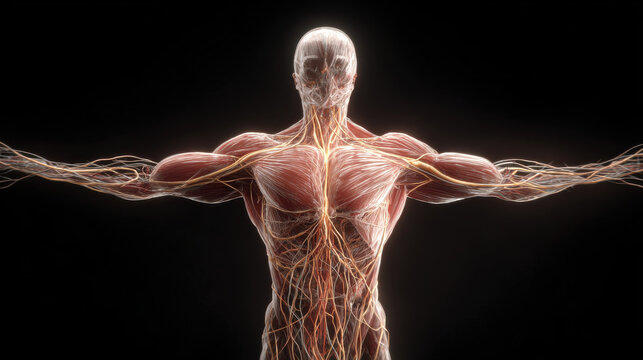 Human muscular system anatomy nerve network torso arms outstretched medical illustration human body detail