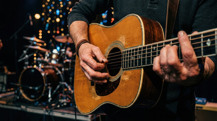 Obraz premium Passionate musician playing wooden acoustic guitar with focused hand movement on live concert stage delivering an energetic music performance in dark venue