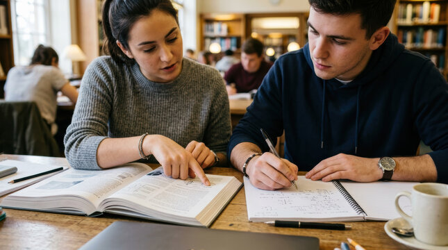 Young man and woman student sit at library table to study college book with intense focus. Concentrated classmate write in notebook while female point at text to learn academic subject