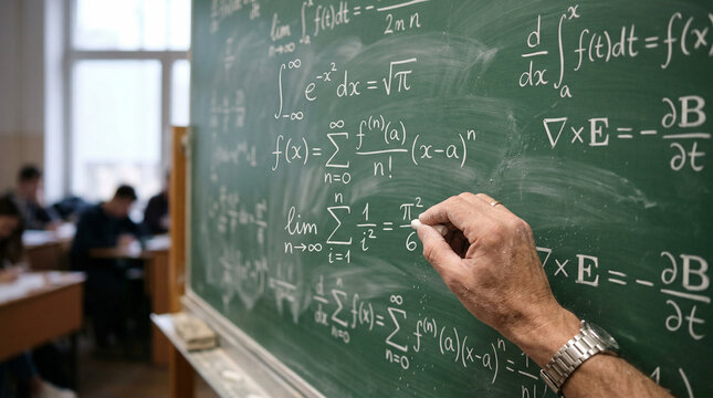 Hand Writing Complex Mathematical Equations on Green Chalkboard