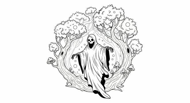 A skeletal ghost floats in a mystical forest with mushrooms and gnarled trees