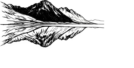 Obraz premium Stylized black and white drawing of majestic mountains reflected in still water